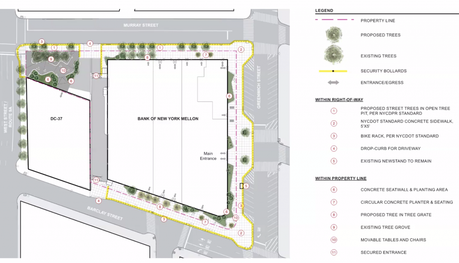 Proposed design masterplan for additions to the property around Bank of New York Mellon, including bollards, highlighted in yellow. BNYMellon/Stantec