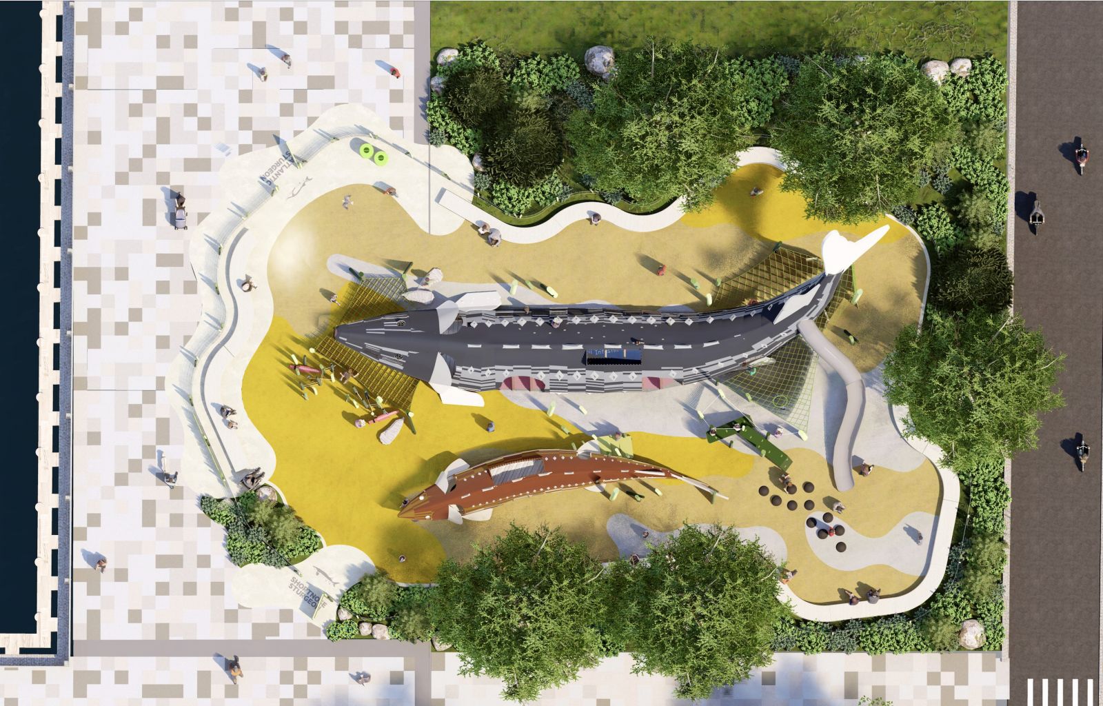 Above: The Science Play Area, as seen from above, will extend into the esplanade between Piers 25 and 26. Below: The 4,000-square-foot site that will become home to the play space and a hoped-for river study center. Hudson River Park Trust (rendering); Carl Glassman/Tribeca Trib (photo)