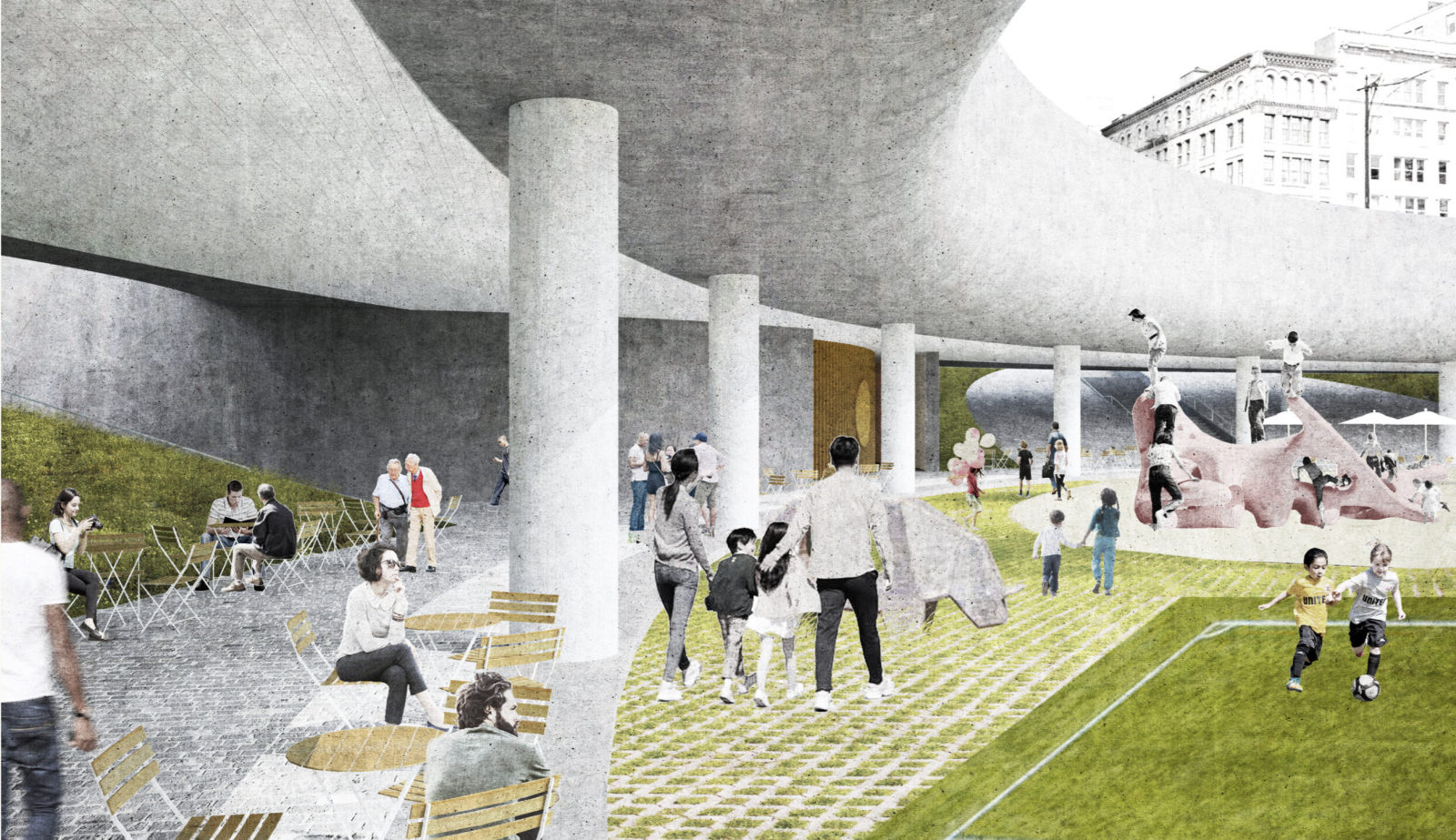 The architects behind Rotary Park say the sunken space could be programmed In many different ways, from art exhibits to an ice skating rink. Above are three of their many conceptual ideas for the park. Renderings courtesy of Dasha Khapalova and Peter Ballman